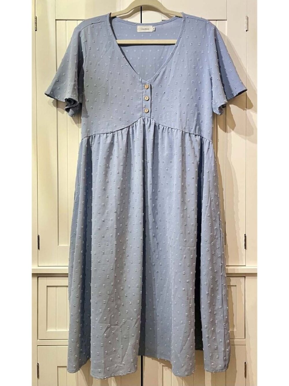 Coolmee Blue Swiss Dot V-Neck Button Front Dress Size M